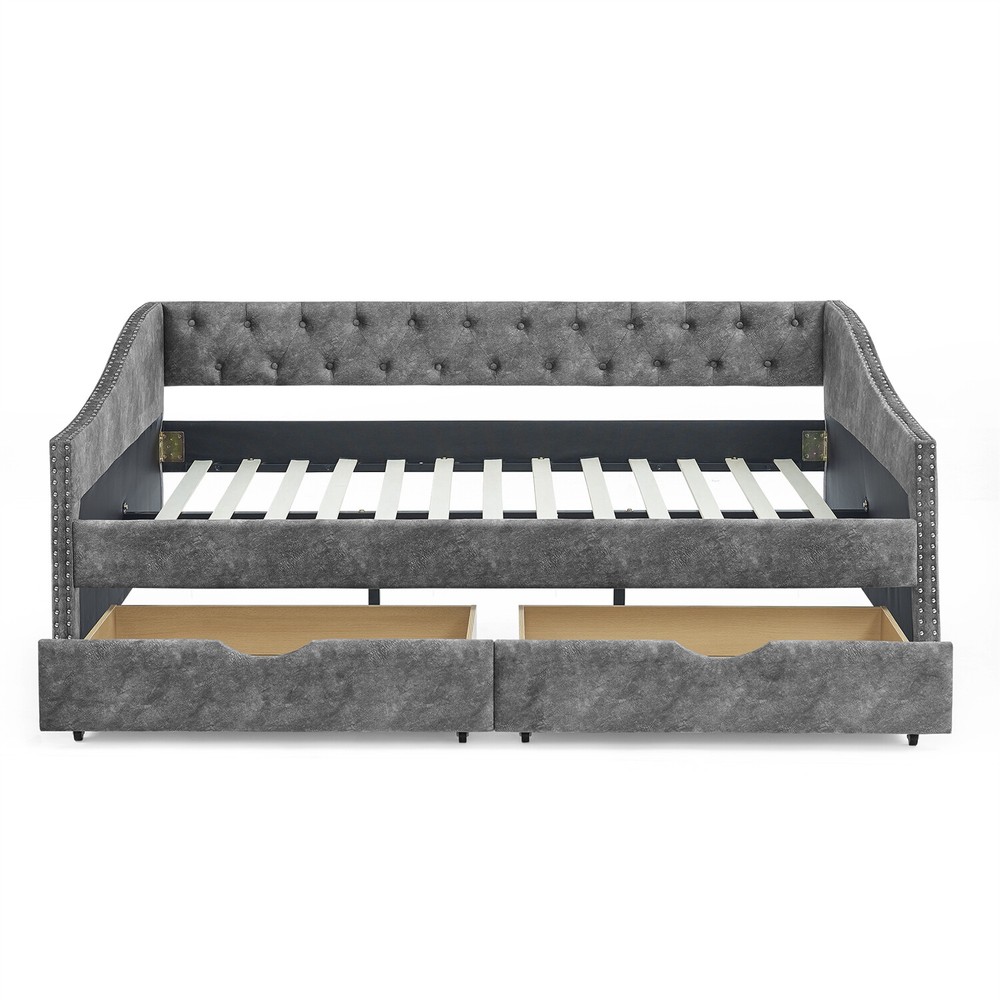 Full Size Daybed Upholstered Bed Frame Sofa Bed w/ 2 Storage Drawer US