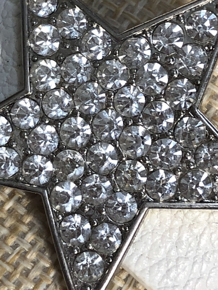 Rhinestone *White Leather Bracelets Silvertone Snap Clasp