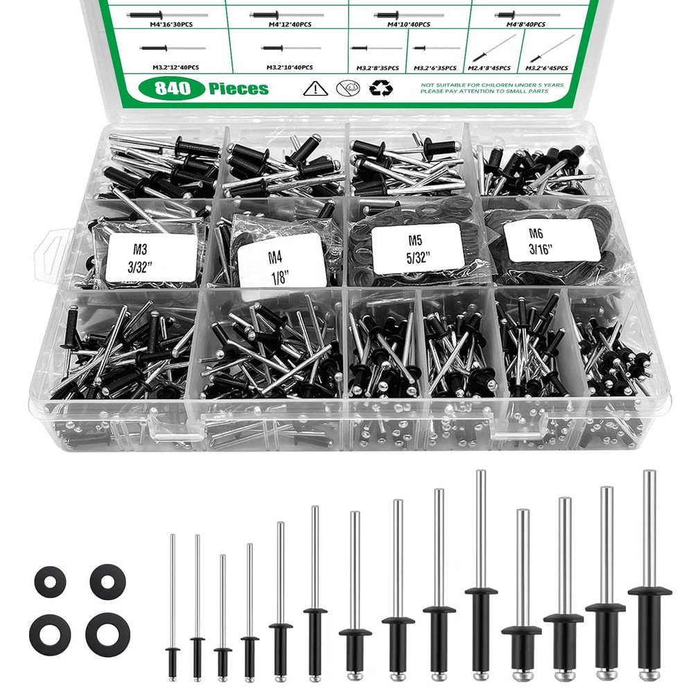 840 PCS Blind Rivets Washer Kit, 14 SAE Sizes Aluminum Pop Rivet Assortment