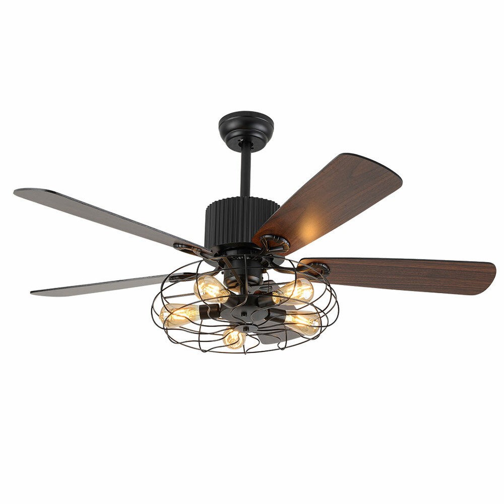 52" Ceiling Fan With Light Cage Rustic LED Chandelier Light 5-Blades with Remote