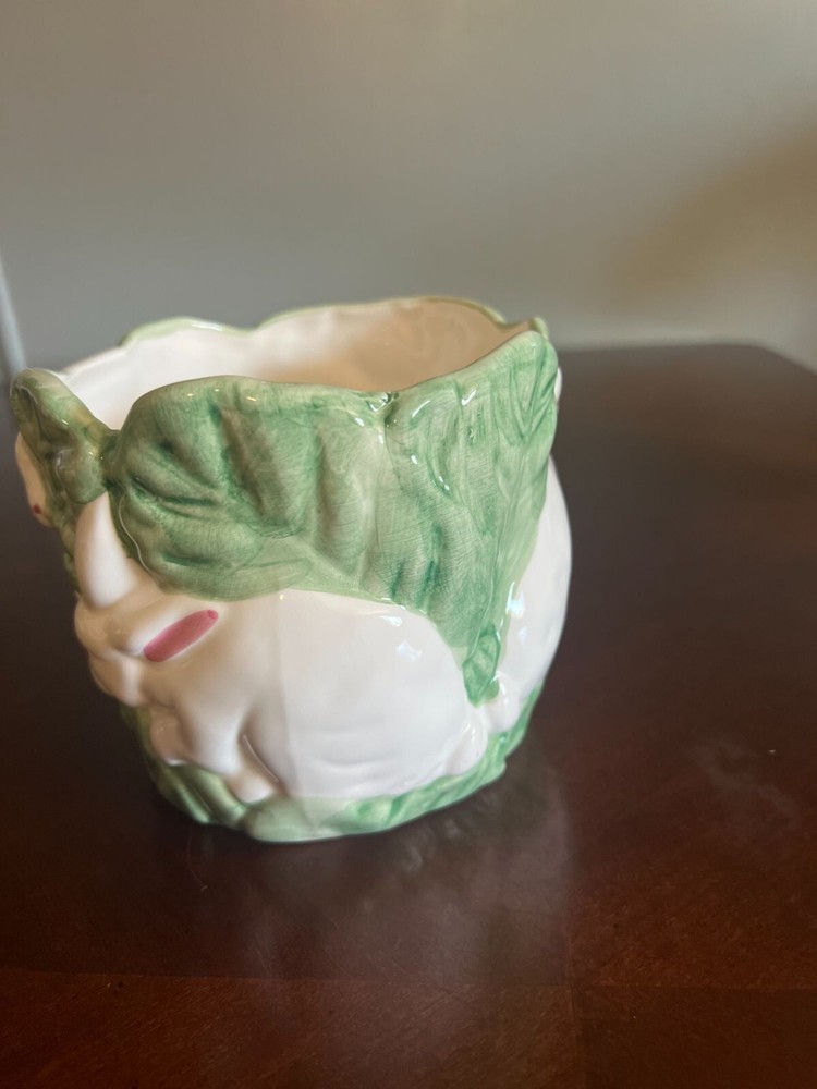 Vintage Ceramic Rabbit Planter/ candy dish cabbage Leaf C pic 4 easter decor