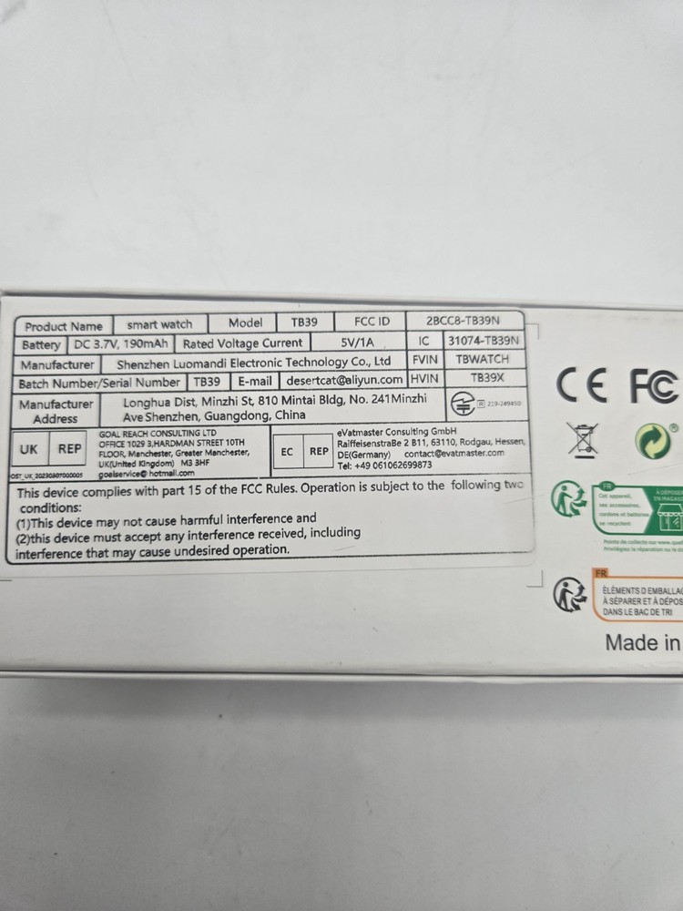 TB39 Android & iOS Smartwatch Black Strap Unisex Bluetooth 45mm Touchscreen