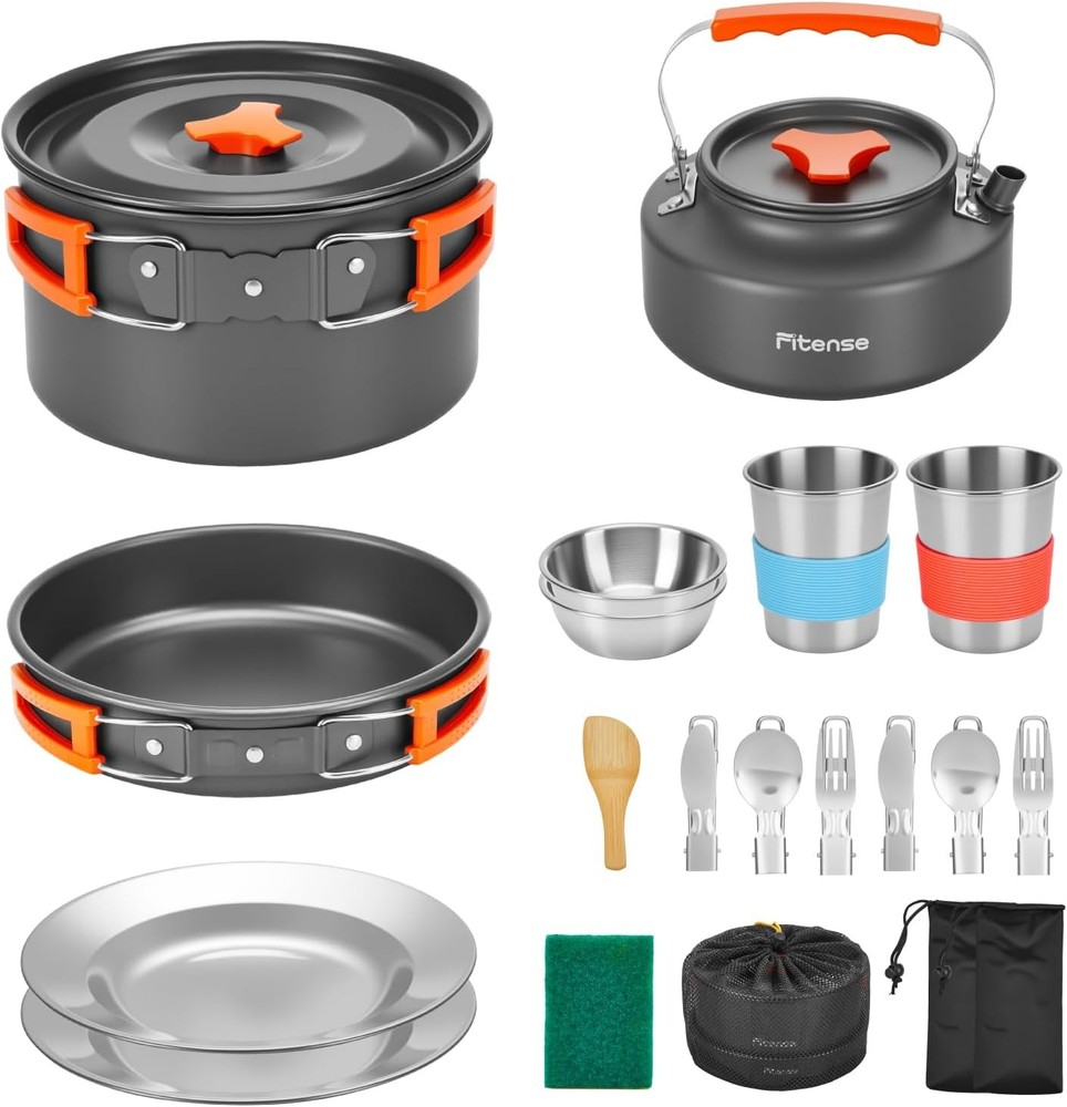 22Pcs Camping Cookware Mess Kit for 2, Lightweight Large, Silver, Orange
