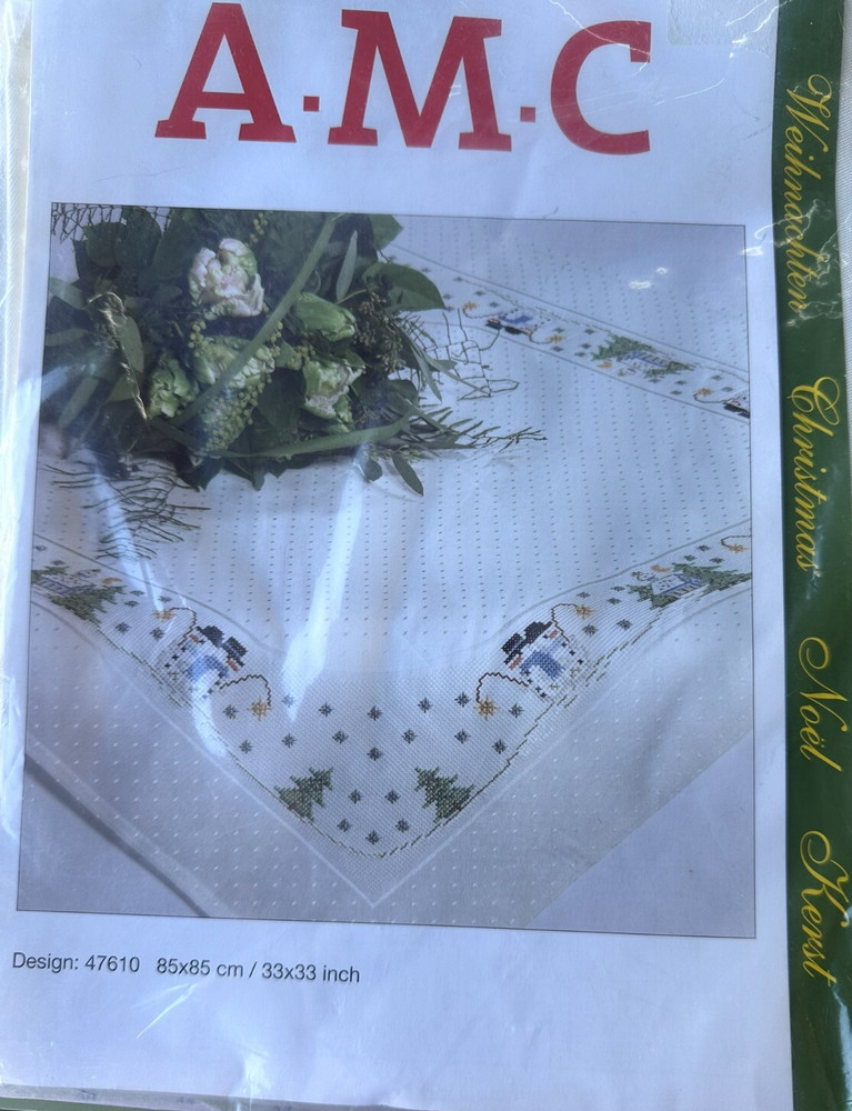 Snowmen holiday table cloth with chart  multi language chart prefinished fabric