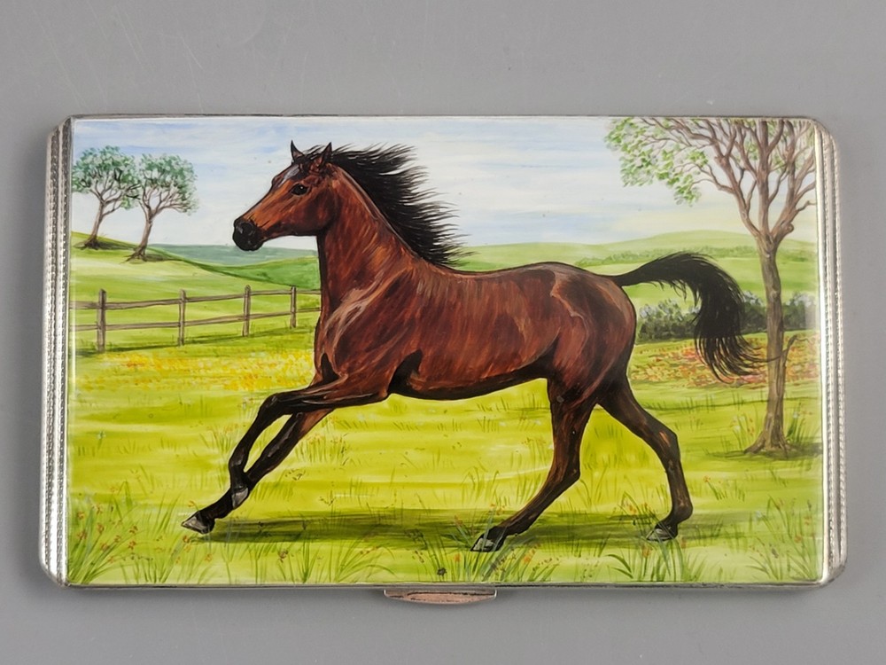1917 Birmingham Sterling Silver Cigarette Case Enamel Horse Panel
