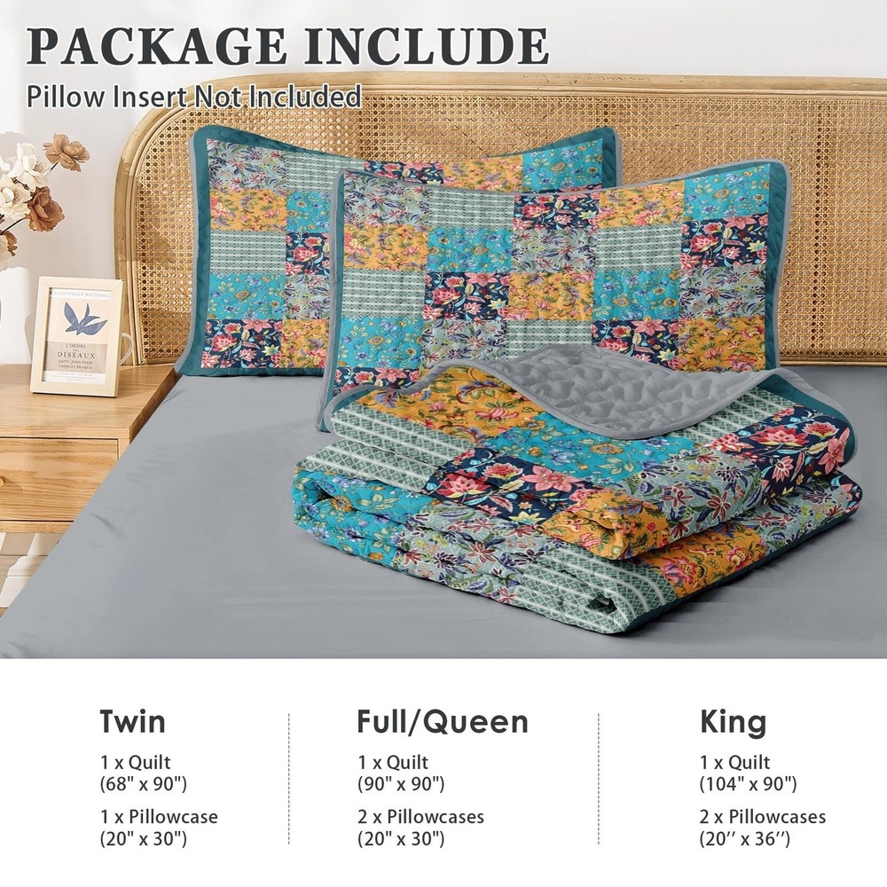 Patchwork Quilt Set Queen Size, Rustic Flowers 3 Pcs Soft Bed Cover Bedding S...