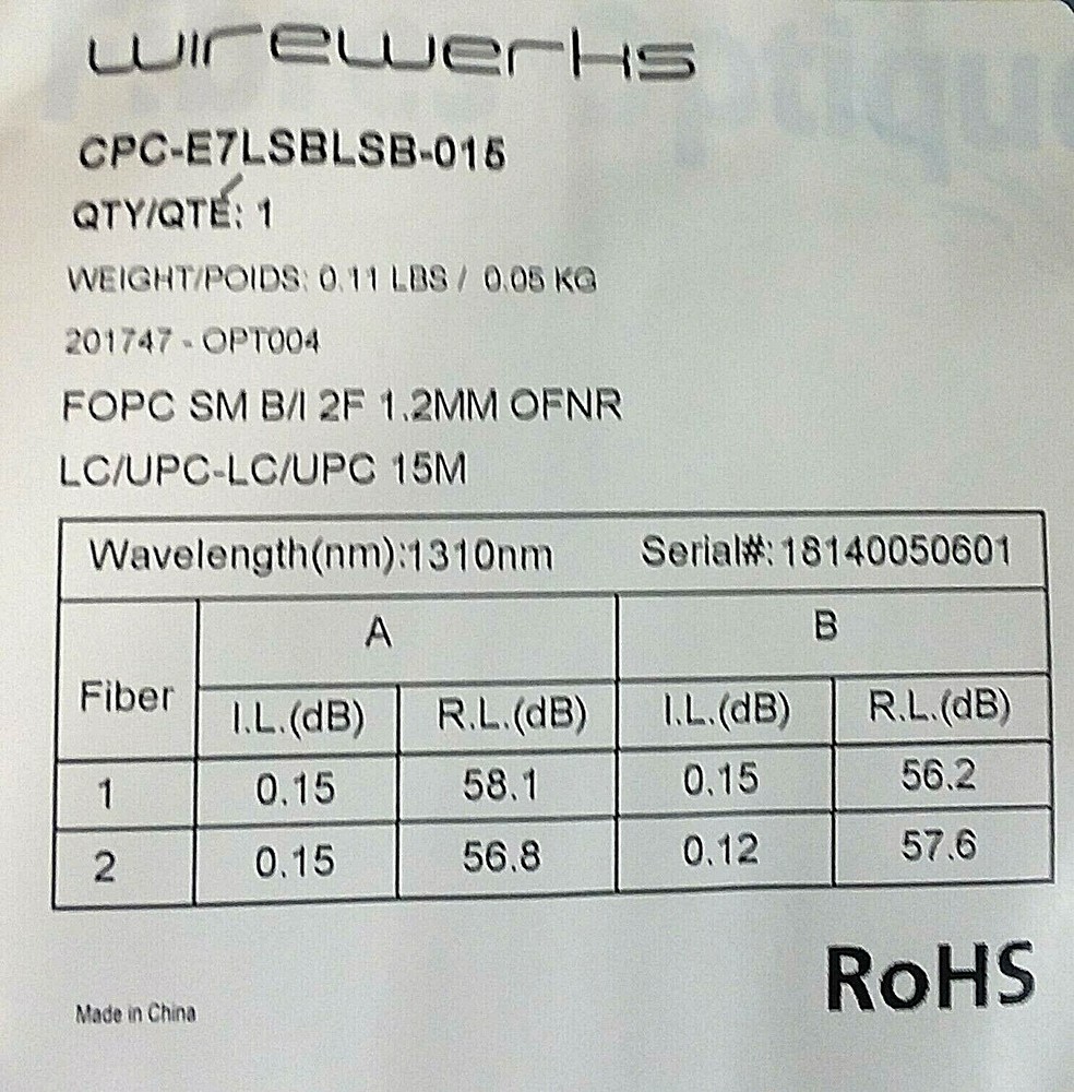 Wirewerks, CPC-E7LSBLSB-015, Fiber Optic Patch Cable, 15m