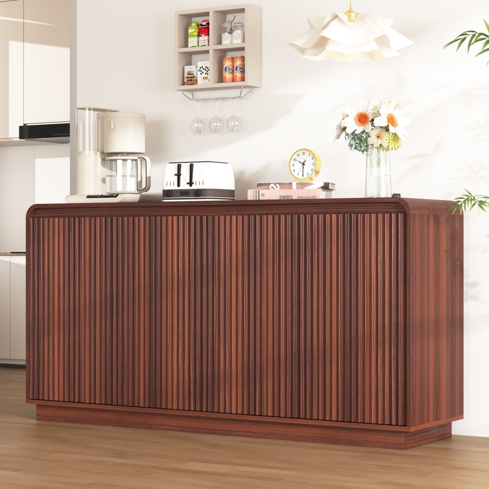 Walnut TV Stand with Power Outlet, Adjustable Storage, Fluted Handleless