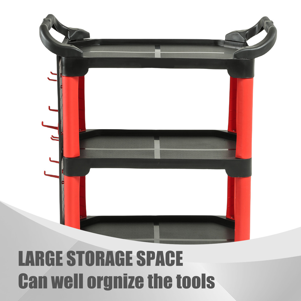 3-Level Composite PP Warehouse Garage Office Rolling Trolley W/Pegboard Handle