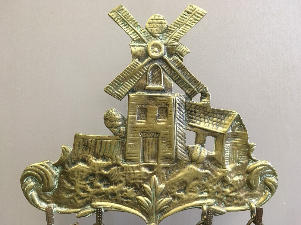 WINDMILL FIRE PLACE TOOLS ANTIQUE BRASS DUTCH 1850, CAST DESIGN