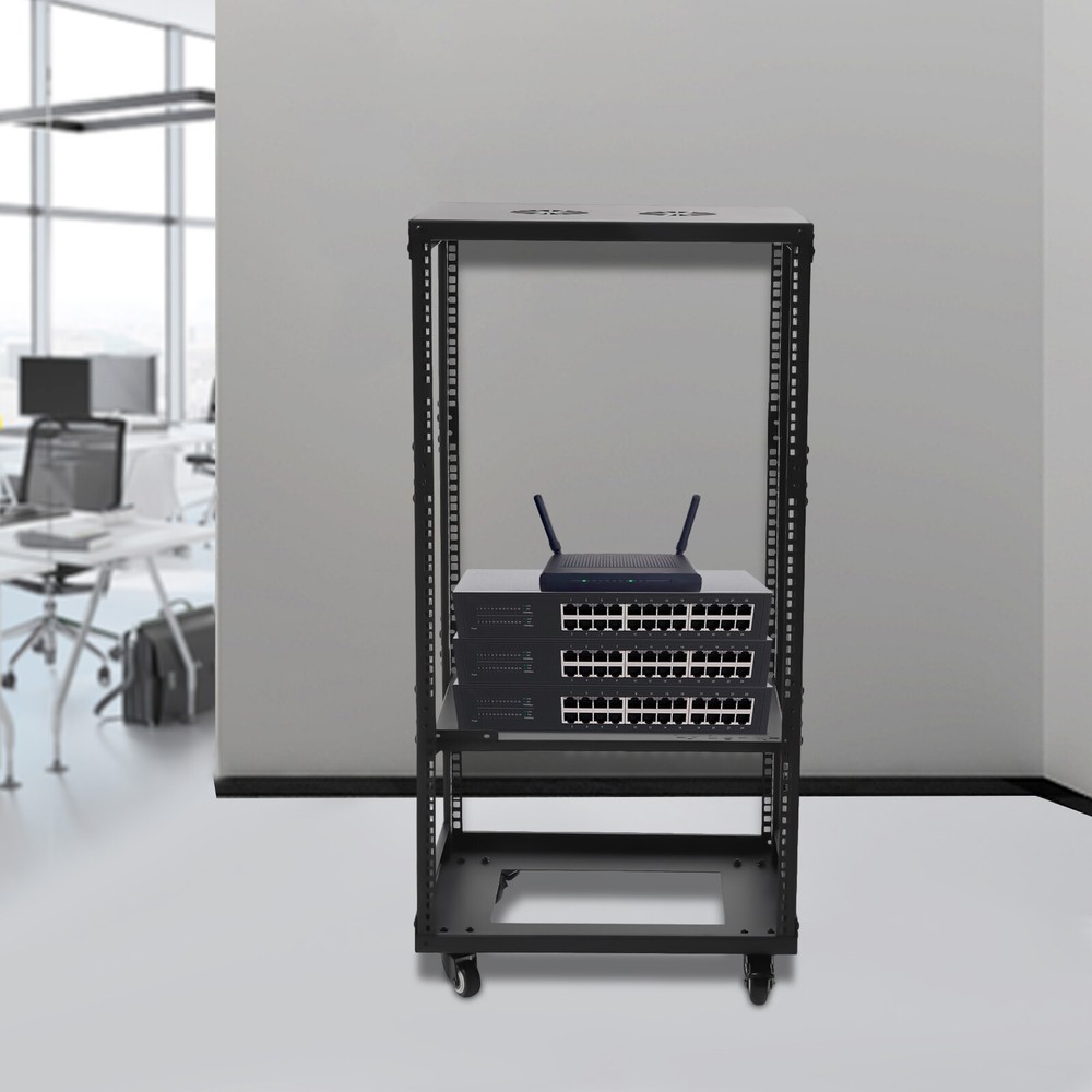 18U 4 Post Open Frame Network Server Rack Holder on Caters Adjustable 0-31.5"