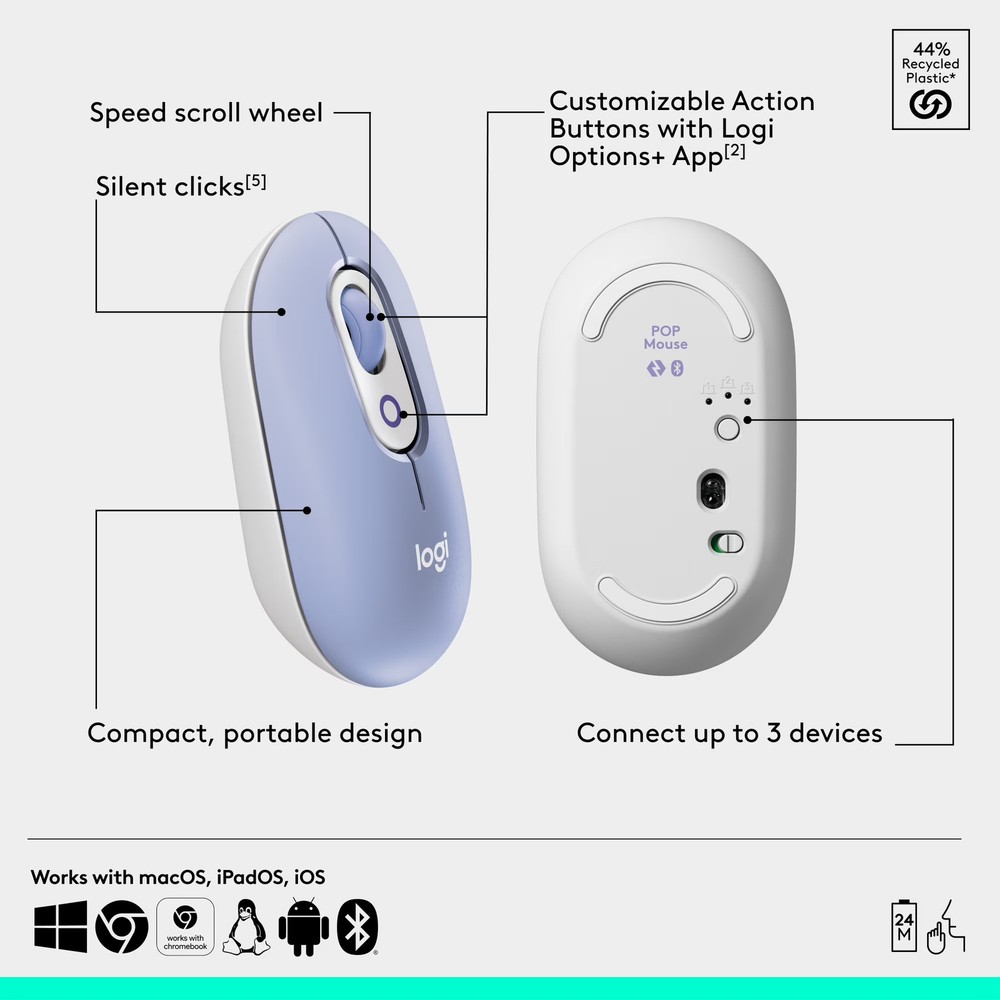 Logitech POP Icon Bluetooth Keyboard and Mouse Combo, Lilac