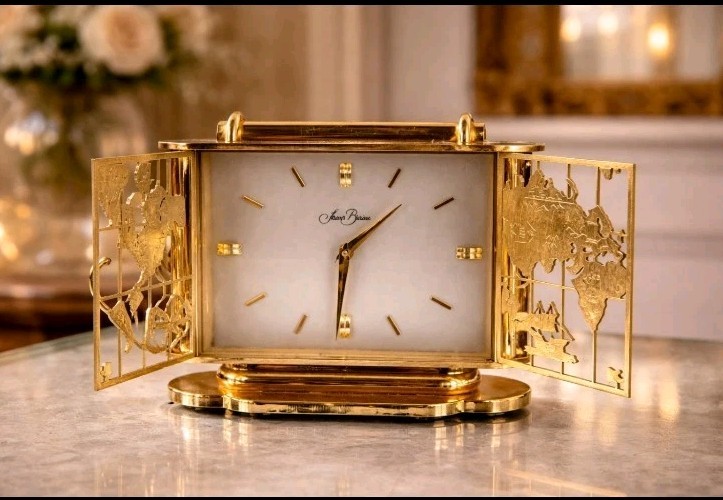 Saint Blaise Gold Tone Mantel Clock World Map Cutout