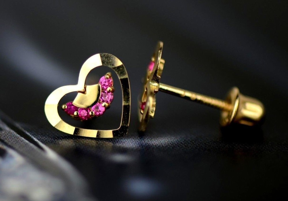 14k Solid Yellow or White Gold Heart Shape CZ Stud Earrings