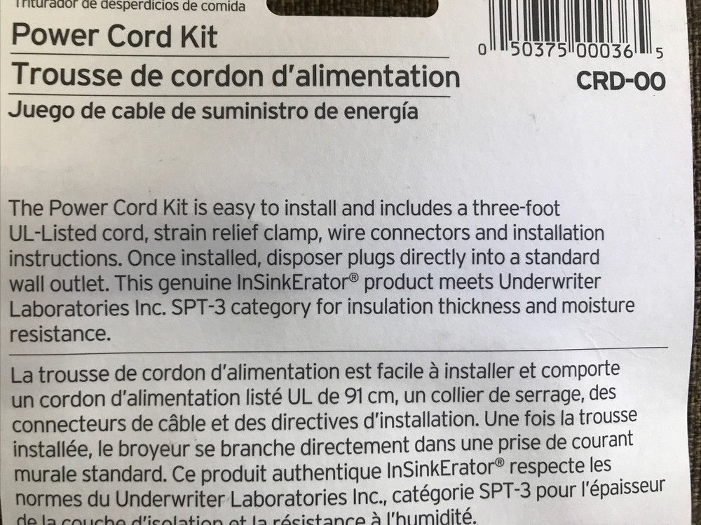 InSinkErator CRD-00 Power Cord Accessory Kit New unopened
