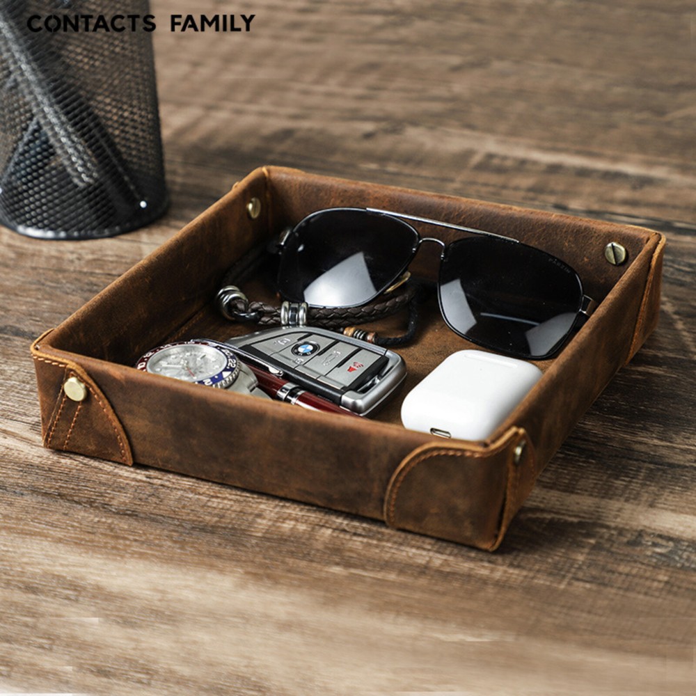 Crazy Horse Leather Handmade Square Tray Storage Box for Desktop