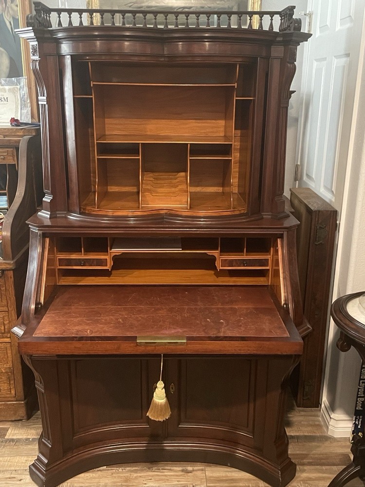 FLAME MAHOGANY DROP FRONT MECHANICAL DESK, ATTR. HERTER