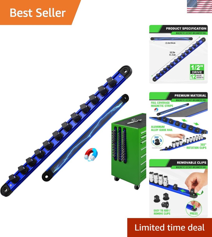 Blue 1/2-Inch Socket Organizer Rail – Durable Magnetic Holdings & Smart Clips