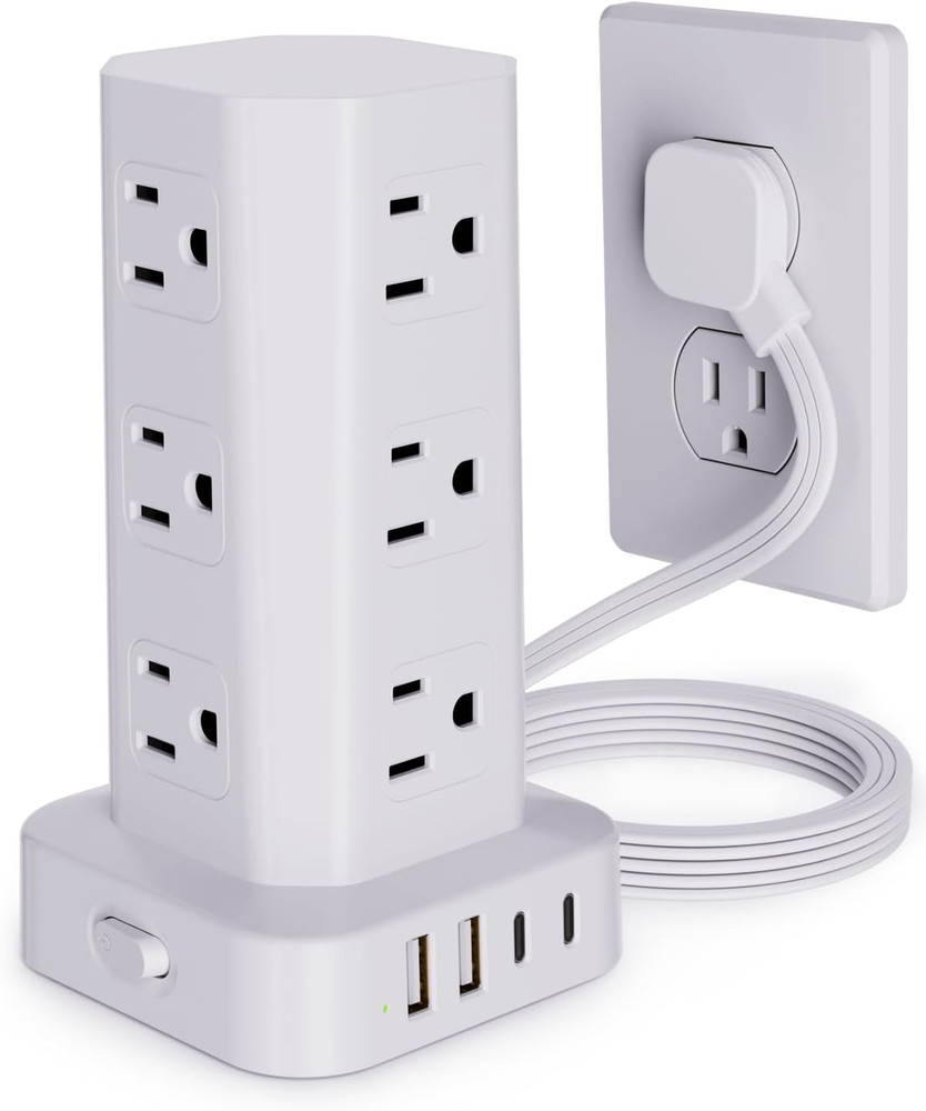 Power Strip Tower Surge Protector, 6FT Flat Plug Extension Cord with Multiple Ou