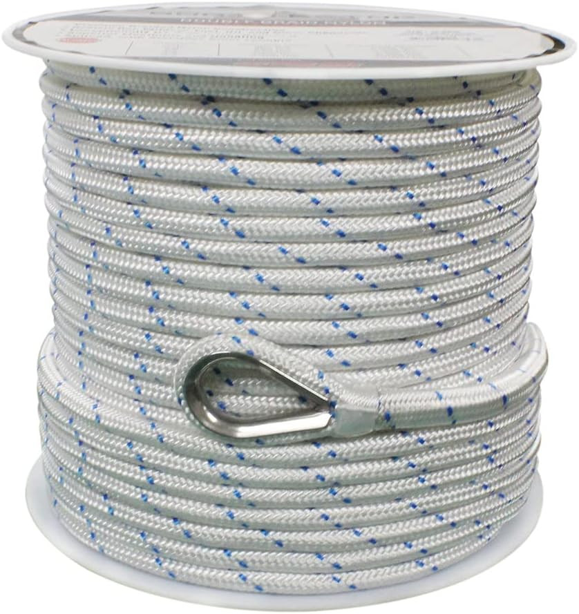 Boattector Double Braid Nylon Anchor Line with Thimble - 1/2" X 150', White with
