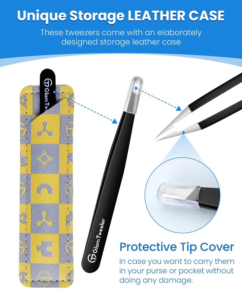 Expert Slant Tip Tweezers with Leather Case, Sharp & Precision Stainless Stee...