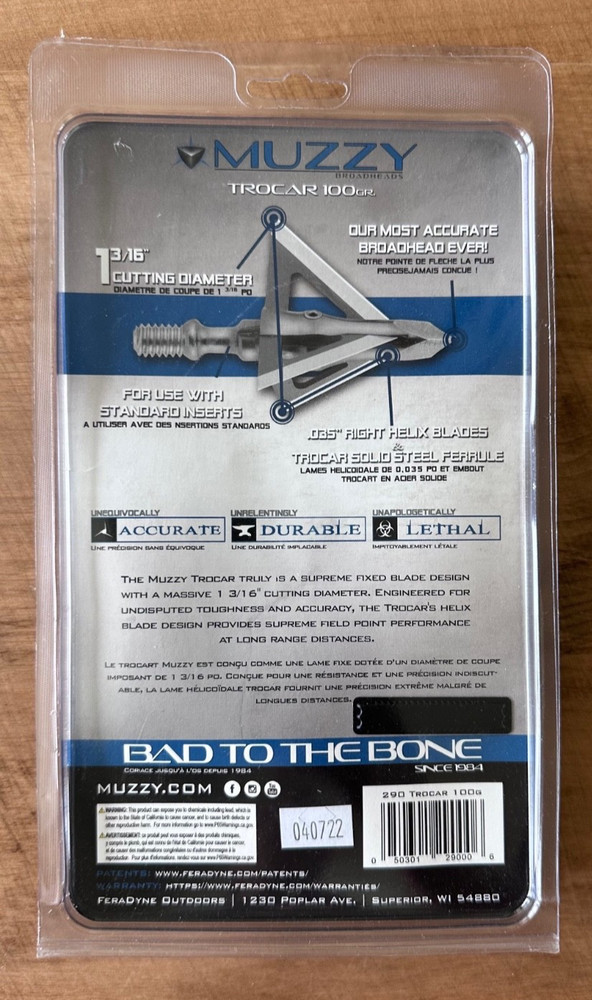 Muzzy 3 BLADE Trocar 100 Grain Fixed Broadhead 3-Pack
