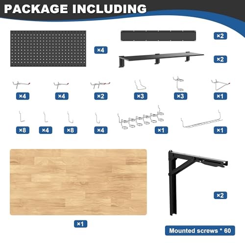 Wall Mounted Workbench with Pegboard, Folding Down Work Table Metal Pegboard