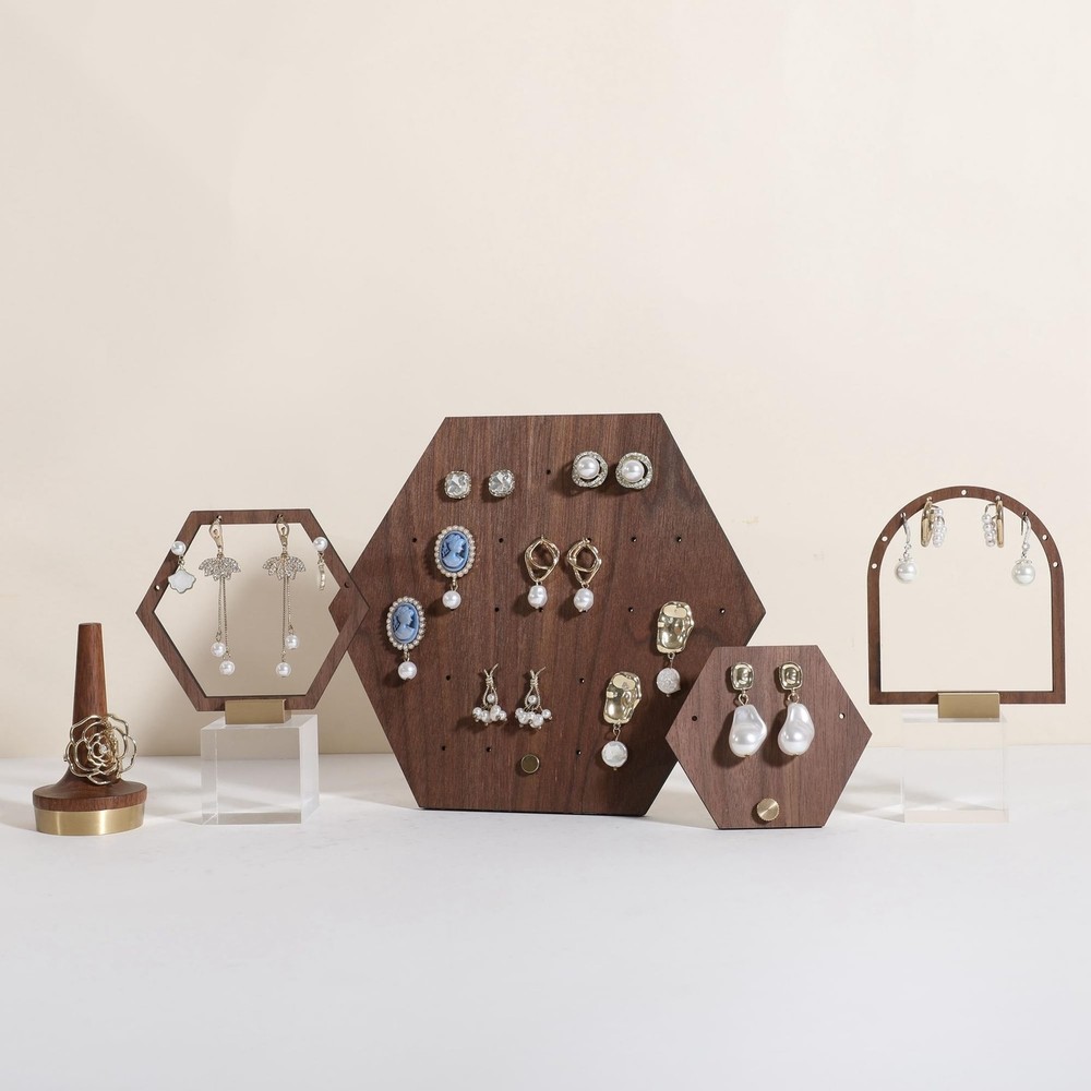 GemeShou Walnut earring organizer board, Hexagon sharp earring display stand ...