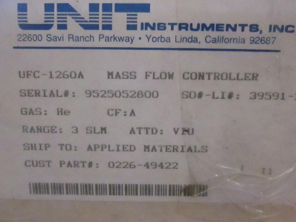 Unit UFC-1260A Mass Flow Controller MFC, He, 3 SLM, Refurb