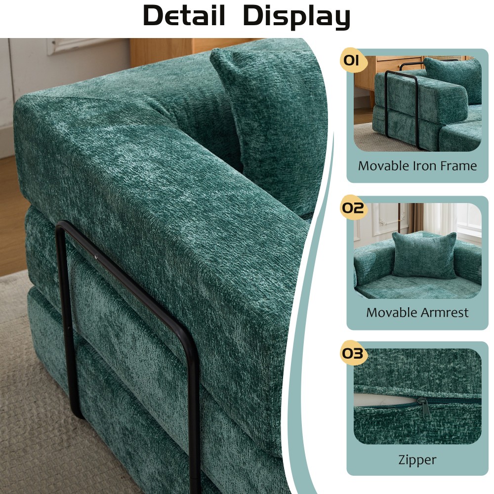 Convertible Floor Sofa Bed w/ Fixed Frame, Chenille Fabric, Dark Green