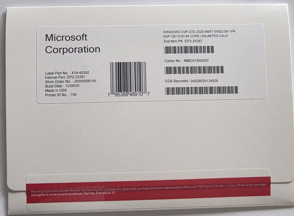 Microsoft Windows Server 2025 Standard 64 Core-Unlimited CALs with Key (NEW)