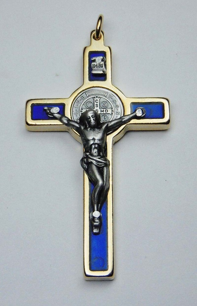 St. Benedict Crucifix 24kt Gold Plate - Blue 2 1/4"