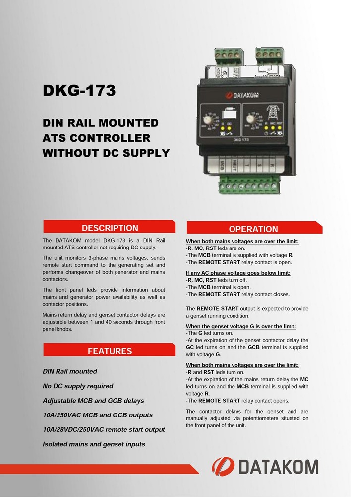 DATAKOM DKG-173 230/400V Generator / Mains Automatic Transfer Switch Panel (ATS)