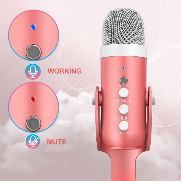 Gaming USB Pink Microphone with Quick Mute for Phone Computer PC PS5, Studio