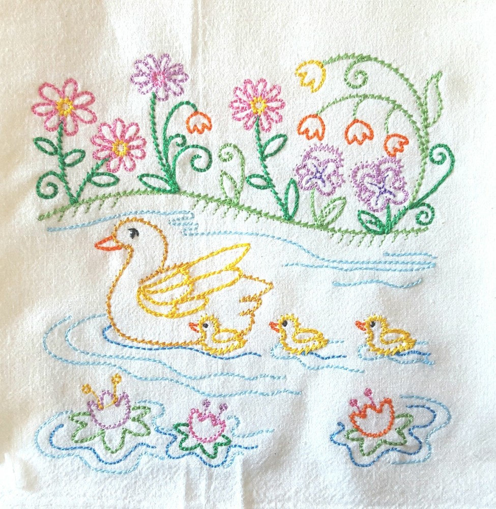 DUCKS IN A ROW PATTERN MACHINE EMBROIDERED FLOUR SACK DISH TOWEL