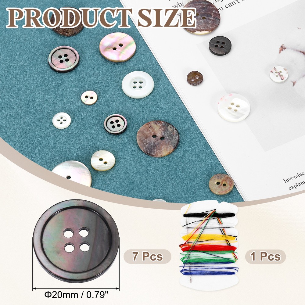 7Pcs 4 Hole 20mm Natural Shell Button with Sewing Thread Kit, Black