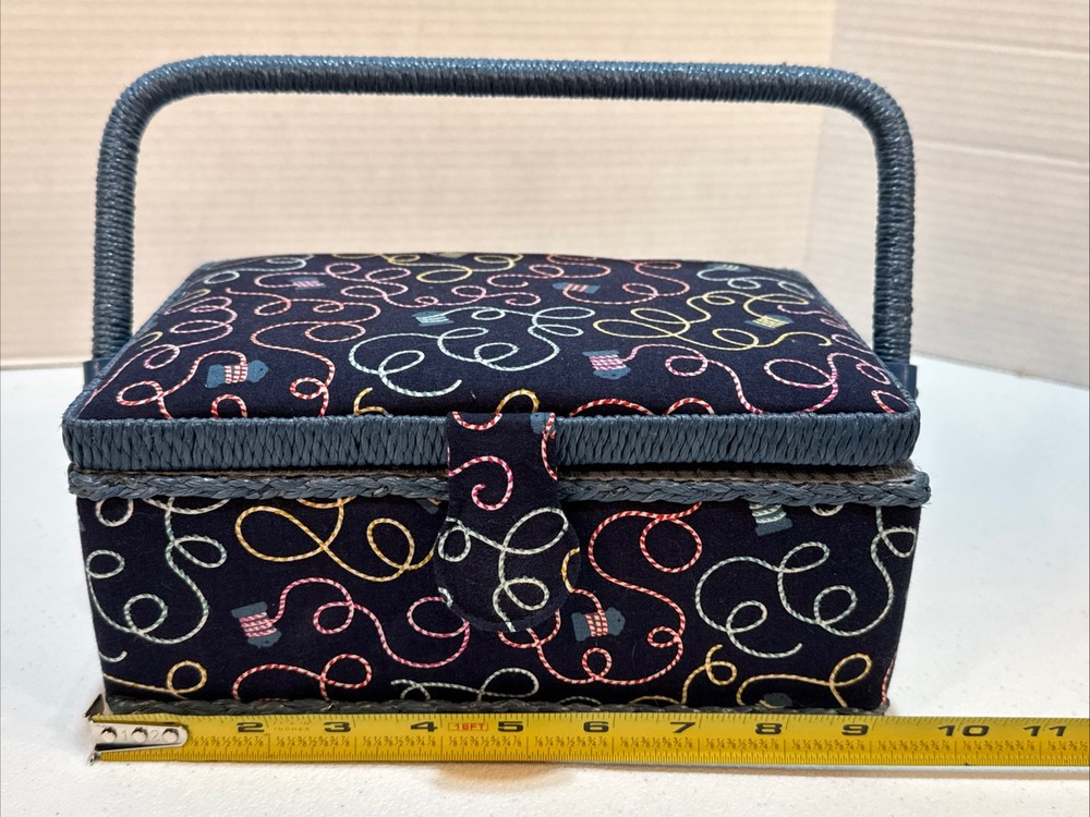 Sewing Basket Box Blue Fabric Plastic Woven Handle