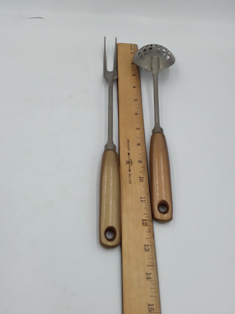 Vintage EKCO Slotted Spoon and Serving Fork Gold Plastic Handle