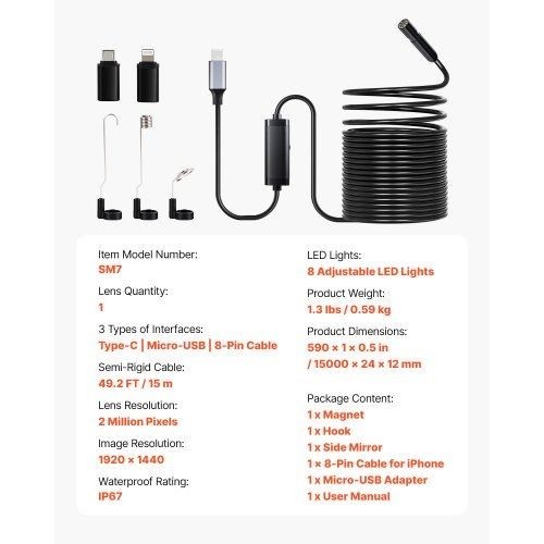 Endoscope Camera with 49.2FT SemiRigid Cable 1920P HD Borescope for Android