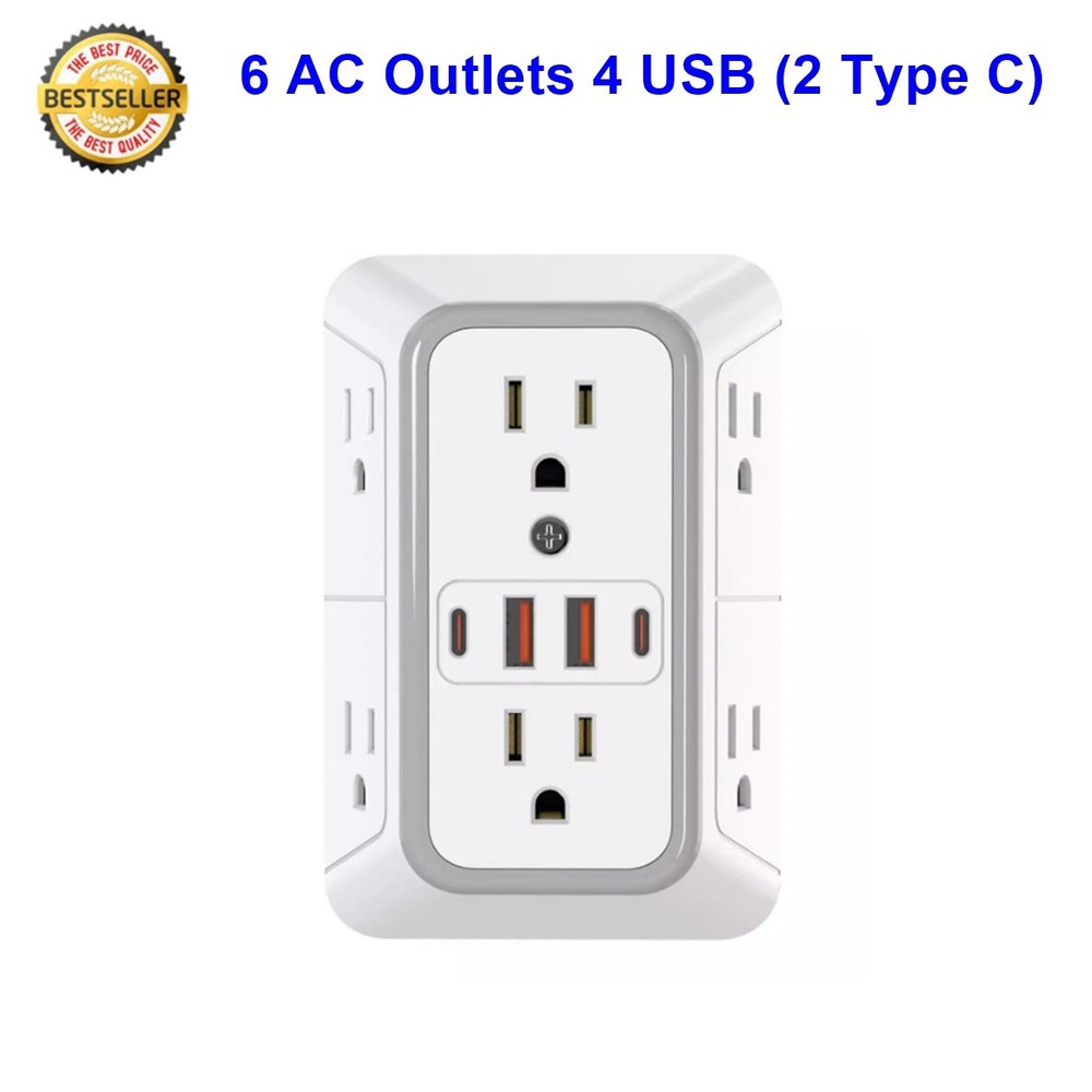 Electrical Wall Socket Outlets Adapters with 6 AC outlets and 4 USB (2 Type C)