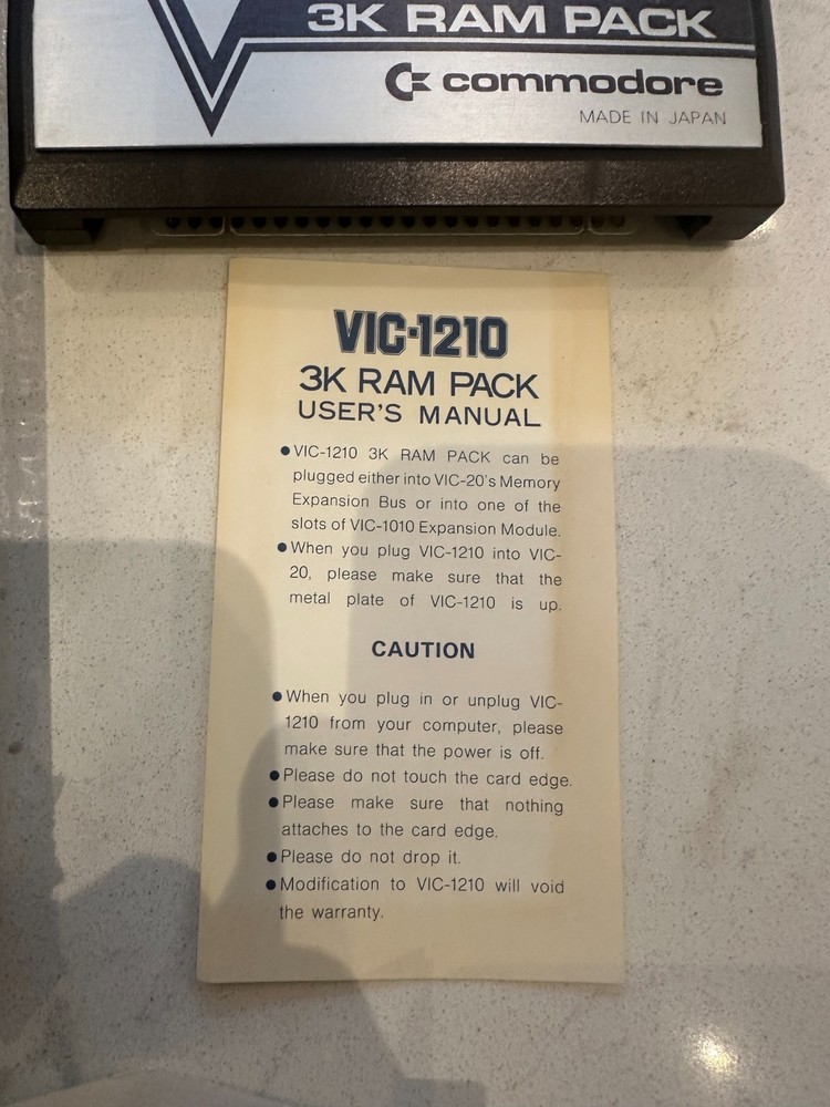 Commodore VIC-20 3K RAM Pack Memory Expander Cartridge VIC-1210 w Box!