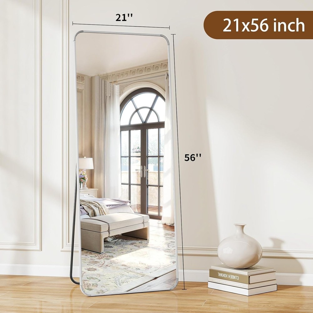 Silver Full Length Mirror 56"x21" Rounded Corner Floor Mirror Standing Hanging