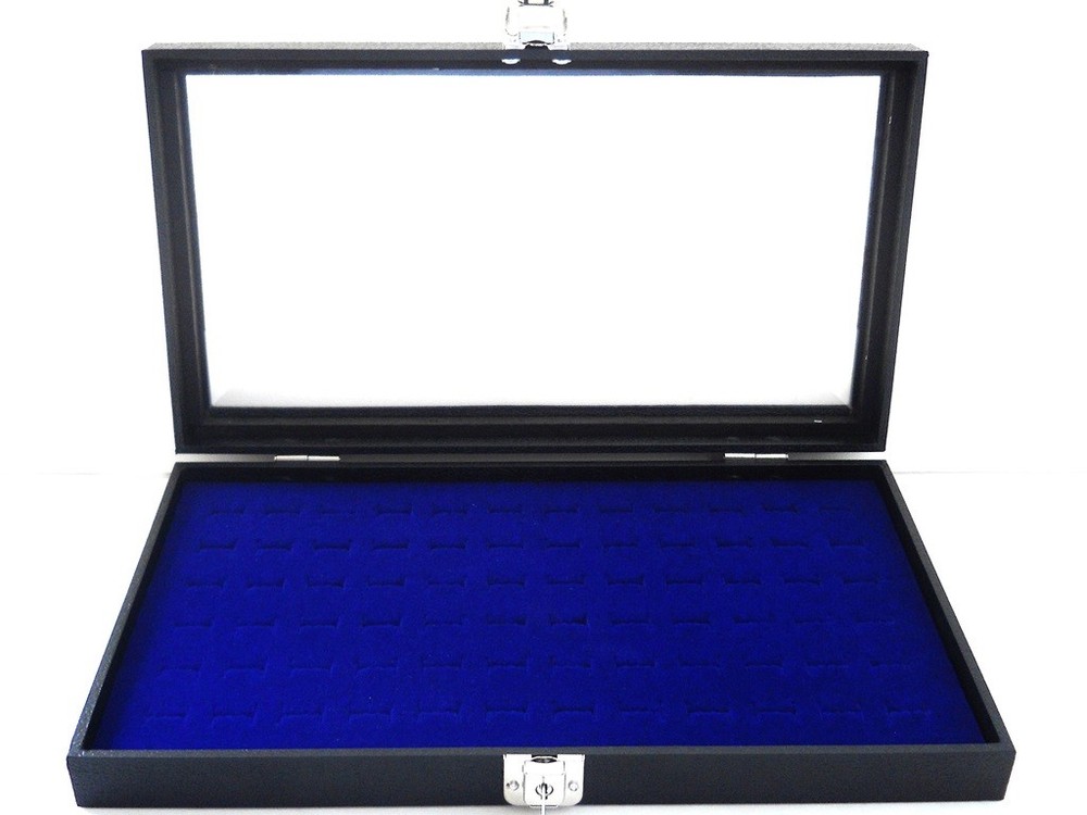 Ring Case Key Locking Solid Top Lid 72 Ring Blue Jewelry Display Storage Box