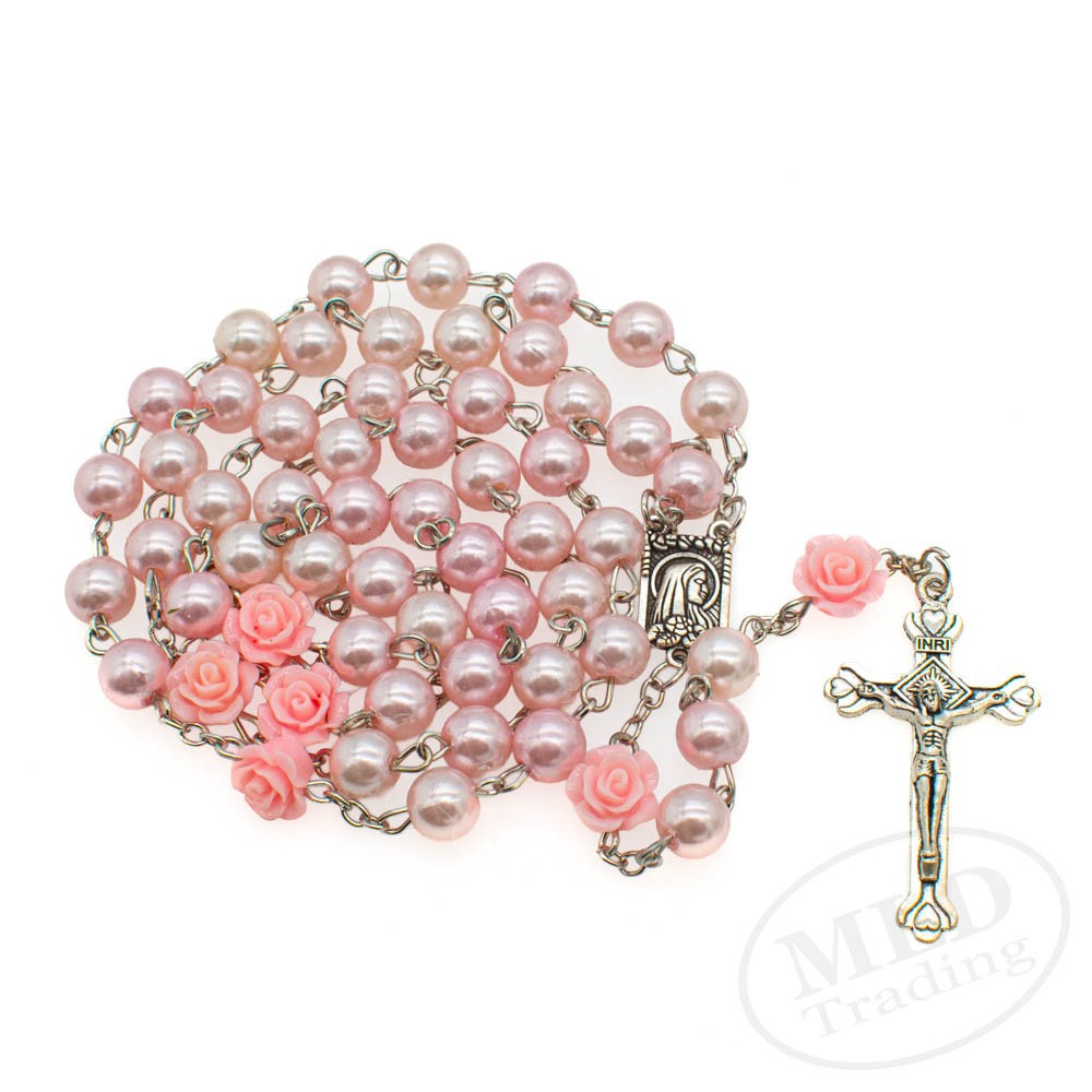 Pink Pearl Rosary Necklace – 32 Inch with Rose Beads Catholic Prayer Crucifix