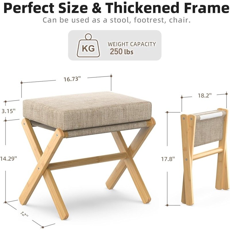Foldable Bamboo Footrest Padded Ottoman Space Saving Foot Stool Easy Assembly US