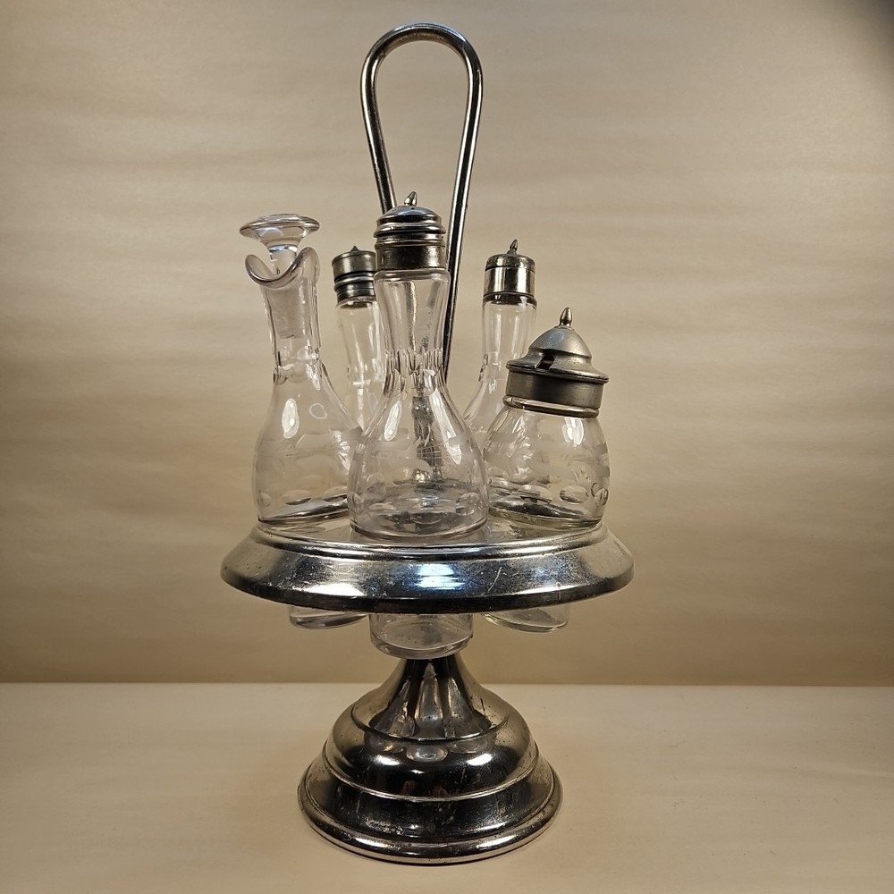 VINTAGE SILVER PLATE 6 PIECES CRUET SET