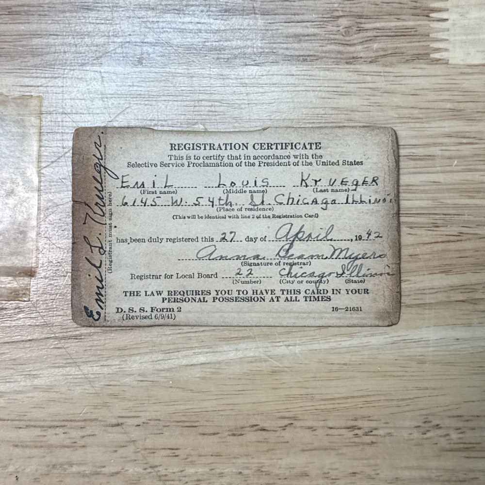WWII Selective Service Registration Certificate Draft Card 1942 Chicago