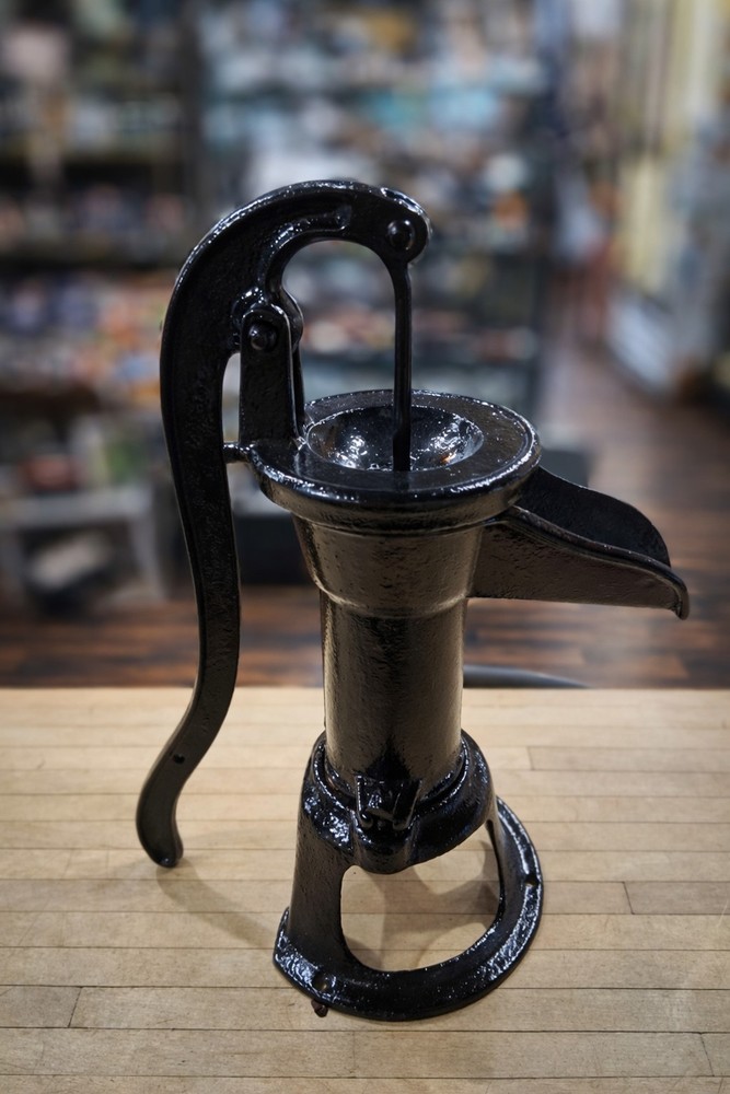 Cast Iron Hand Water Pump With Base, Refinished Black