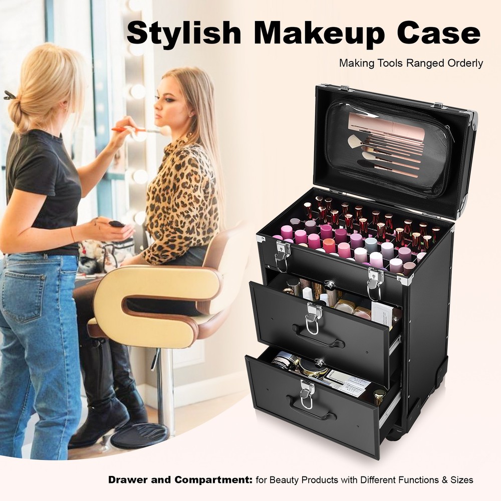 Makeup Train Case Professional Aluminum Rolling Cosmetic Trolley Makeup Storage