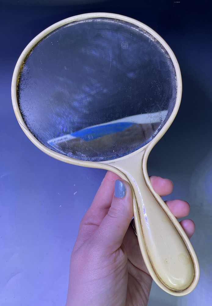Vintage - Antique Plastic Hand Held Mirror Beveled Glass Vanity Accessory 20th C